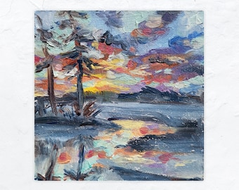 Sunset River Painting Landscape Original Riverscape Art River Artwork Small Painting Oil Impasto Painting Art 4" by 4" by Maria Filatova