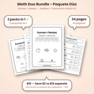 Addition and Subtraction Within 10 Bundle Bilingual Kindergarten Sumas Restas Ages 4-6 PDF