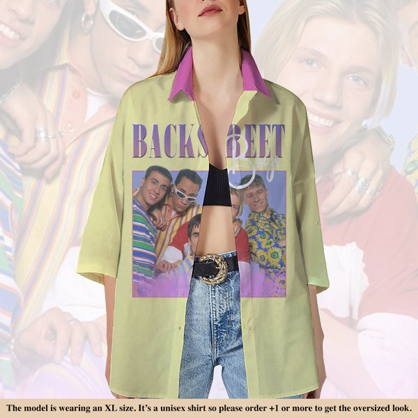 Chemise vintage BACKSTREET BOYS, tee-shirt musique rétro des années 90, T-shirt hawaïen boutonné, tee-shirt célébrité hommage, cadeau d'amateurs de musique Backstreet Boys des années 90