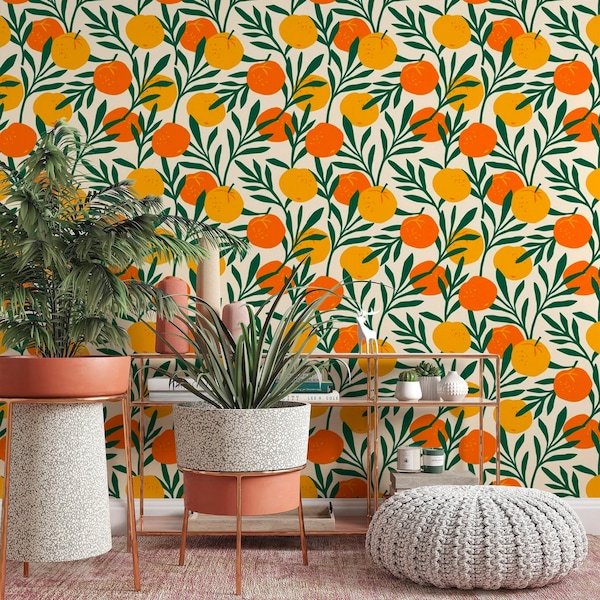 Citrus Pattern Removable Wallpaper, Cool Fruit Wall Cling, Botanical Peel and Stick, Modern Home Decor, Pretty Decorative Wall Mural Decal