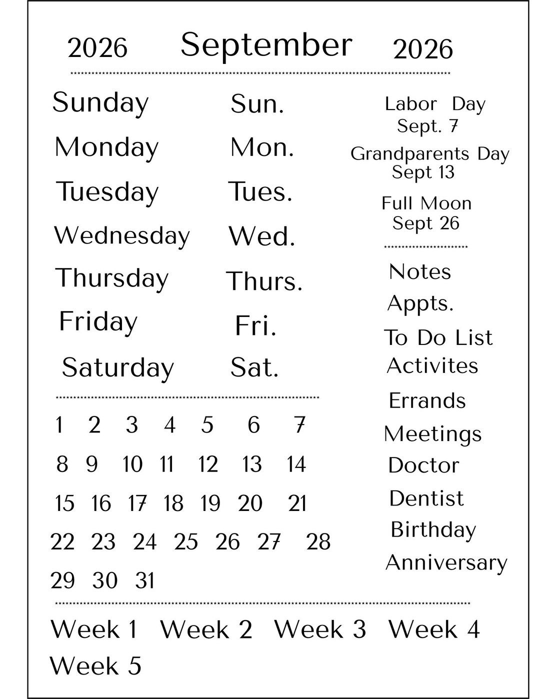 September Labes 2026 September Digital Monthly Calendar/planner Words, Weeks, Days ...