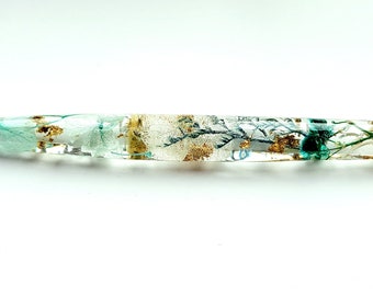 TEAL PETAL TWIRLER, Beautiful real dried flowers in Resin Crochet Hook with gold flakes, blue, turquoise and white flowers inside
