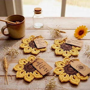 Crochet Sunflower Coaster - Custom Message Gift Tag - Personalized Teacher or Friend Gift