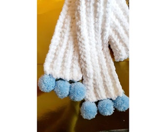 Beautiful thick warm pure white and blue pom pom scarf childs