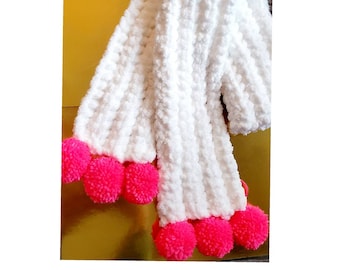 Childs Beautiful Pure White Soft Snuggly Warm Pink Pom pom scarf