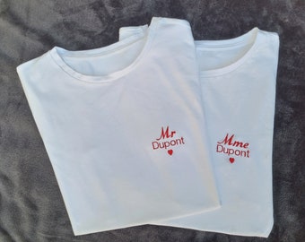 Lot de t-shirts couple brodés à personnaliser - Mr et Mme - Mariage - anniversaire - Saint Valentin