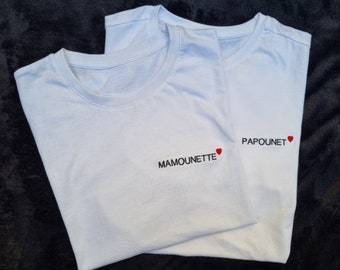 T-shirt lot brodés "Mamounette" et "Papounet"