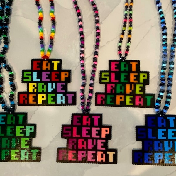 Eat Sleep Rave Repeat Perler Necklace, Rave perler necklace, festival perler, rave necklace, trippy perler necklace, edm perler, festivals