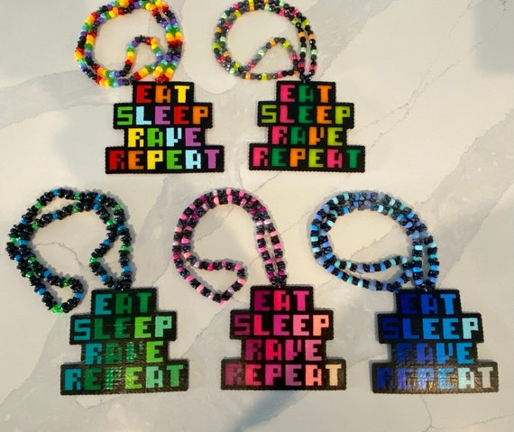 Eat Sleep Rave Repeat Perler Necklace, Rave perler necklace, festival perler, rave necklace, trippy perler necklace, edm perler, festivals
