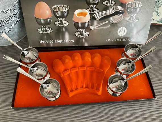 Set de 6 coquetiers et cuillères Guy Degrenne inox chromé retro vintage - Arts de la table Set de 6 coquetiers et cuillères Guy Degrenne inox chromé retro vintage - Arts de la table