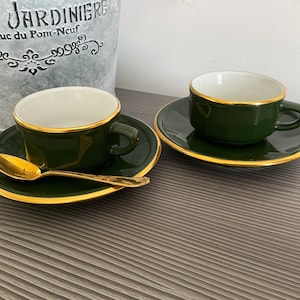 Small Apilco Espresso Cups & Saucers: French Green Gold Bistroware