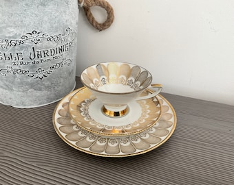 Trío de tazas de té Winterling Bavaria, diseño "Úrsula", porcelana Art Déco con detalles dorados