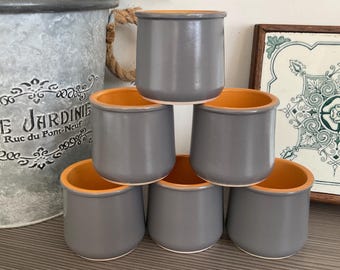 Vintage Grey and Orange Cermer Yogurt Pots, Glazed Clay French Yogurt Pots