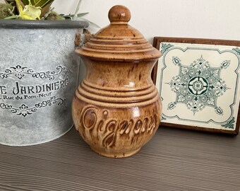 French Vintage Garlic Onion (oignons) Keeper, Handmade Pottery Storage Jar, Farmhouse Kitchen