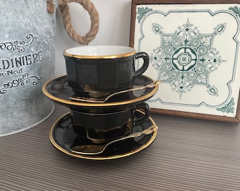 RARE ! Pair Black and Gold Apilco Bistro Ware Coffee Cups and Saucers , French Cafe Style Crockery, 3 Pairs Available