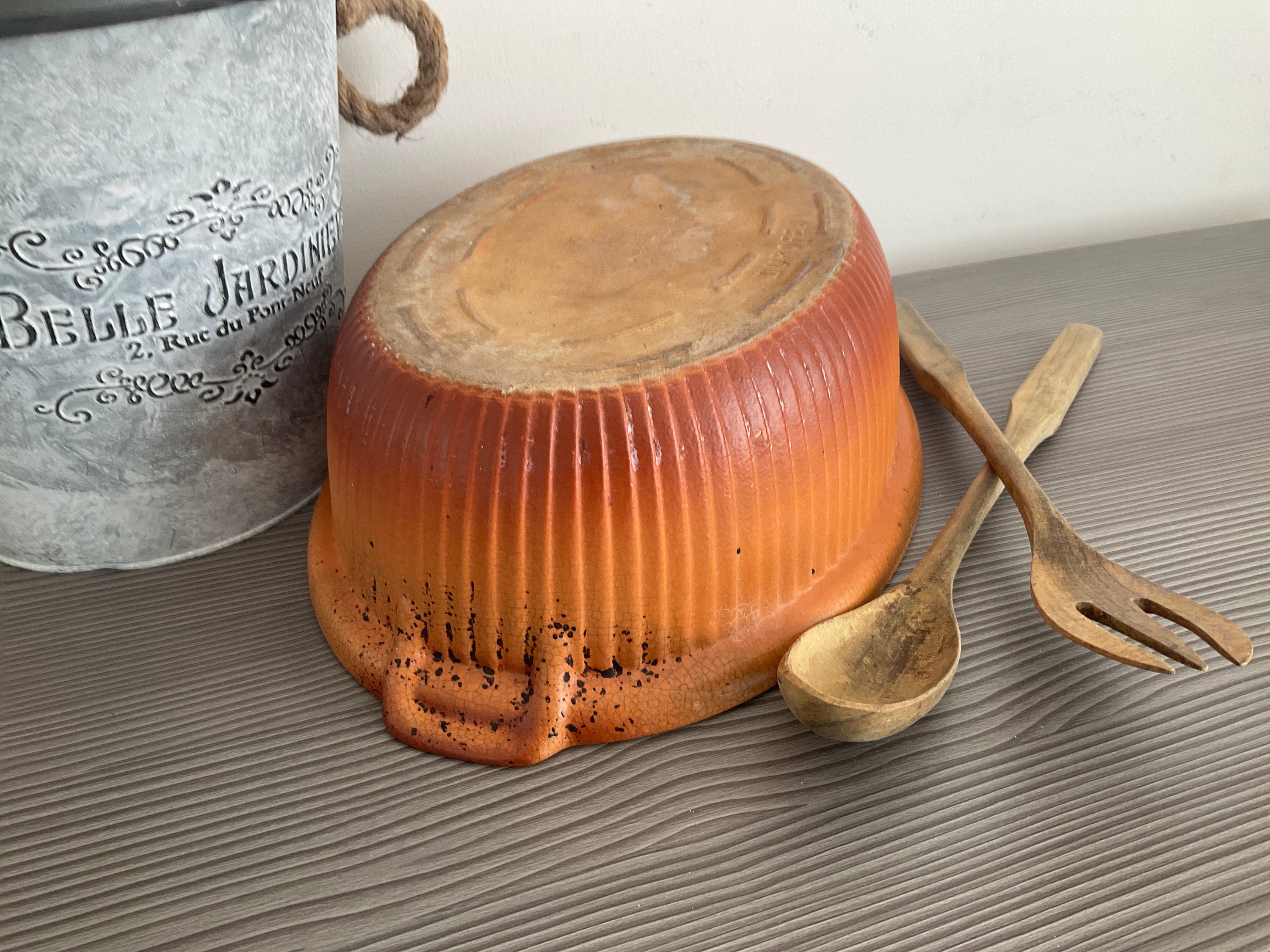 French Vintage DUROFEU Orange Ceramic Casserole Dash, Rustic 
