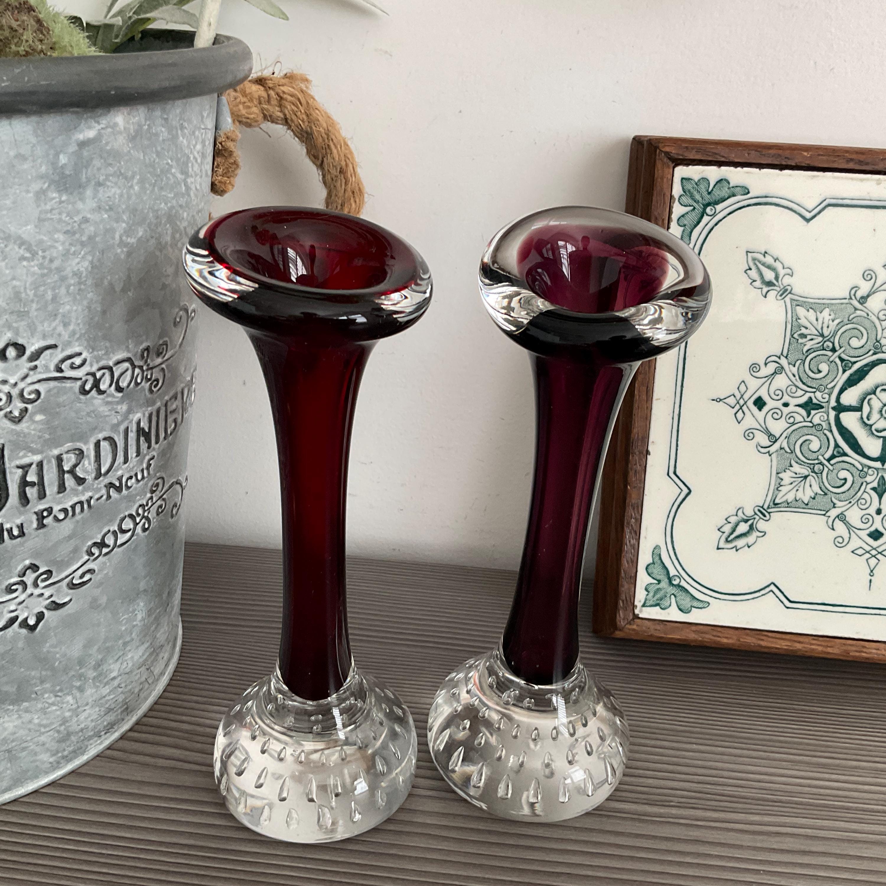 ムラーノスタイルのつぼみ型花瓶ペア、手吹きルビーレッドアートガラス