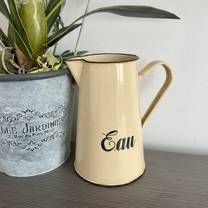 Charming Vintage French Water Jug, Cream Enamel ‘EAU’ Pitcher, Shabby Chic, Farmhouse Kitchen Decor