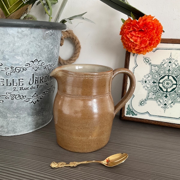 Vintage French GRES DU BERRY Stoneware Pitcher, caramel Glaze Finish, Water Jug, Rustic Charm