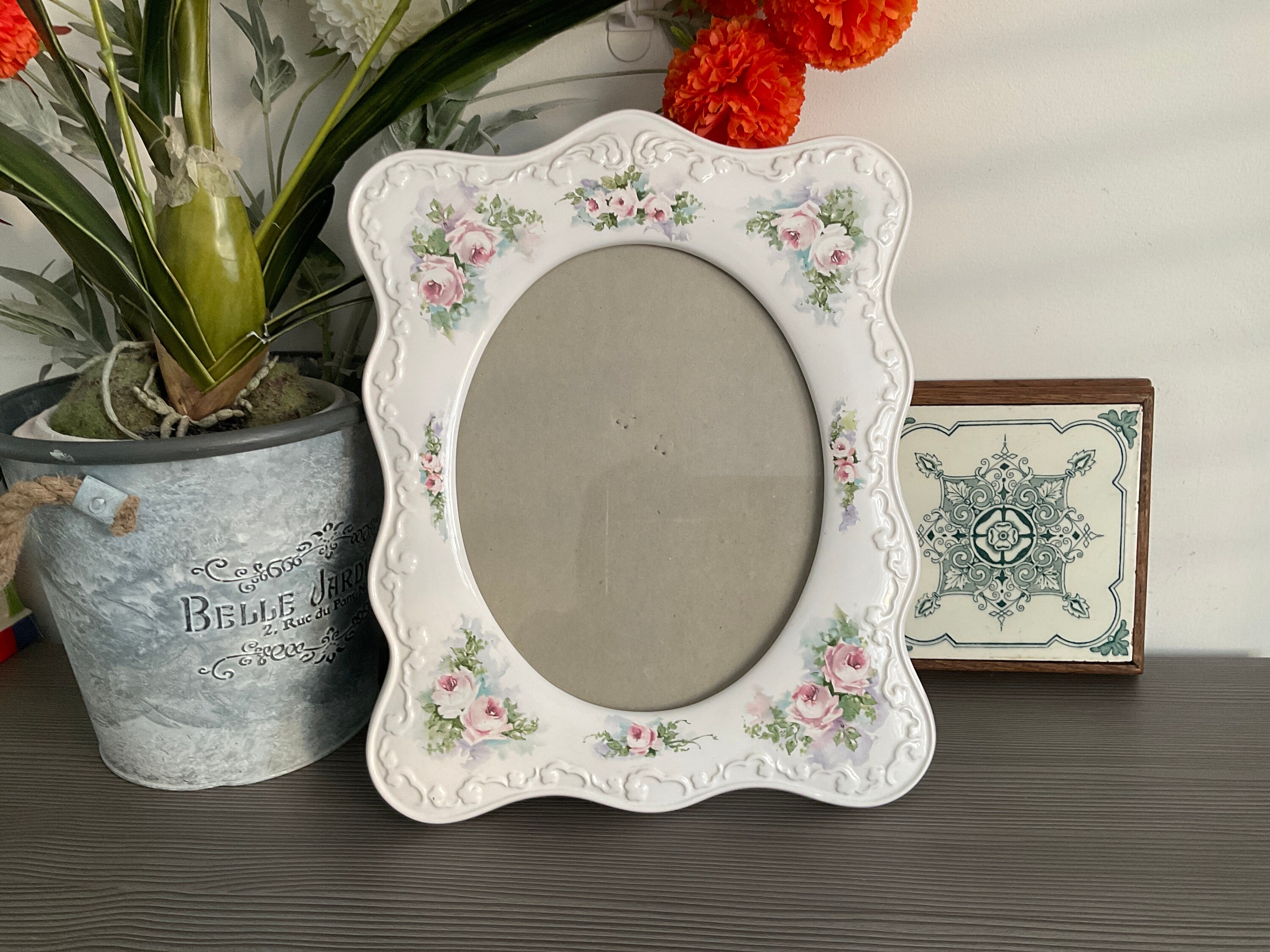 Vintage Terragraphics Ceramic Picture Frame: Large Floral Design