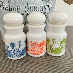 May include: Three white ceramic spice jars with domed lids. Each jar has a different colored floral design with vegetables. The jars are labeled "Viva Roche" on the bottom.