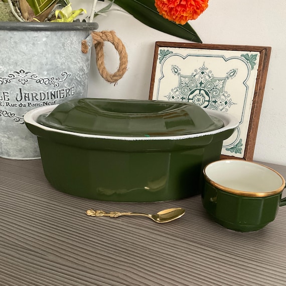 Vintage Emile Henry Green Ceramic Casserole Dish, French Ovenware