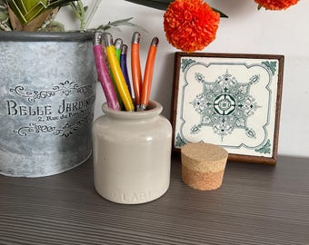 Vintage French Mustard Pot, LAB LAGNY, Cream Glazed Stoneware Pot, Country Kitchen, French Crock with Cork Lid