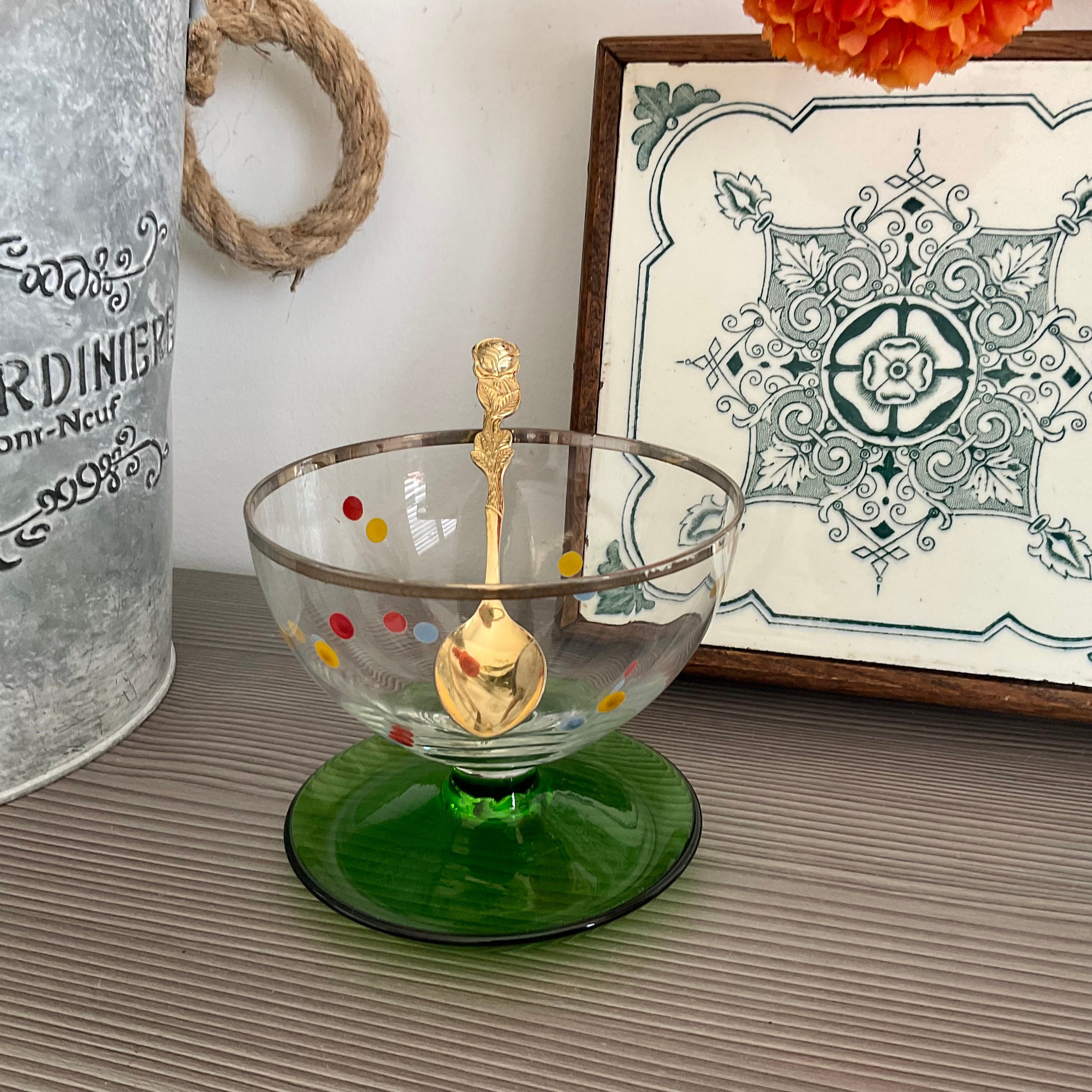 Vintage Green Stemmed Polka Dot Sundae Dish, Footed Glass Bowl, Olive Dish, Funky