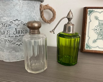 Stunning French Avocado Green Glass Perfume Bottle Vintage Atomizer Crystal Perfume Bottle