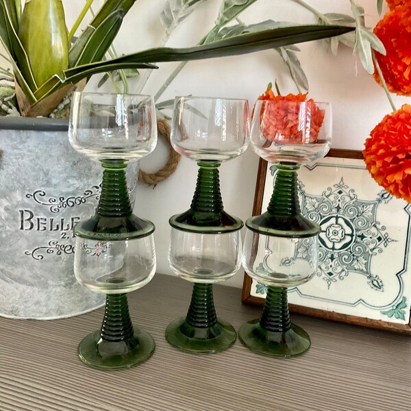6 x groene wijnglazen bijenkorf, Franse Roemer, Elzas Riesling 1970s vintage bargerei