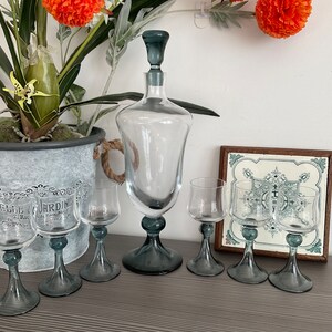 French Vintage Glass Decanter Set: Smoked Stem Barware, Full Set