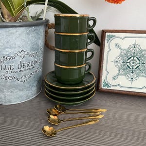 Apilco Flora Espresso Cups, Saucers and Spoons (Set of 4) - French Cafe Bistroware