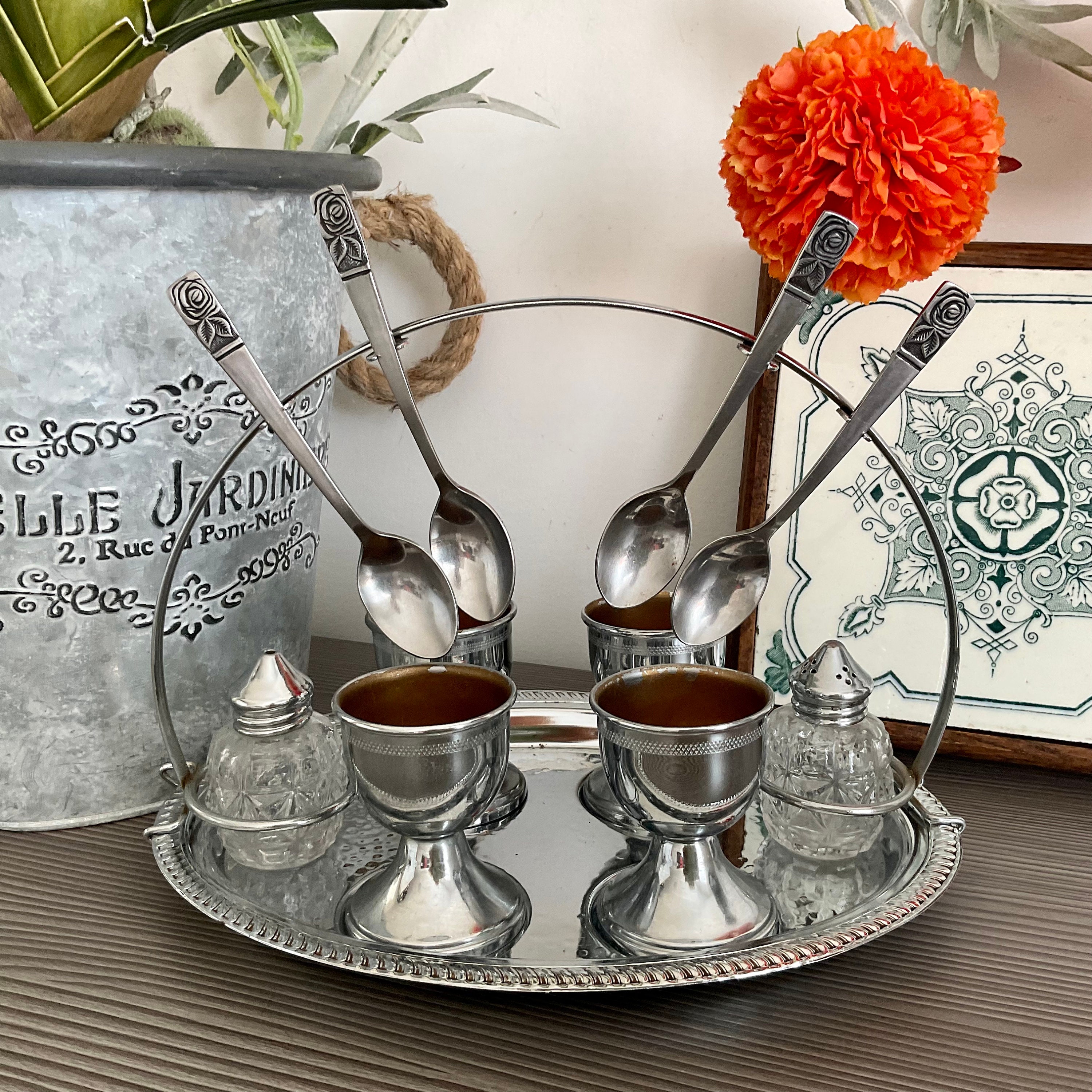 Vintage Egg Cup and Spoon Server Chrome Plated Breakfast Set 4 Egg Cups Spoons and Cruet