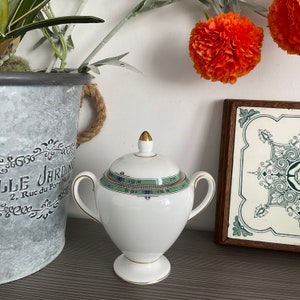 Vintage Wedgwood Jade Covered Sugar Bowl: English Bone China, Gold Trim