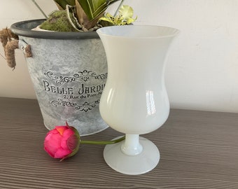 Large French Vintage White Opaline Vase, Elegant Stemmed Glass Vase, Milk Glass