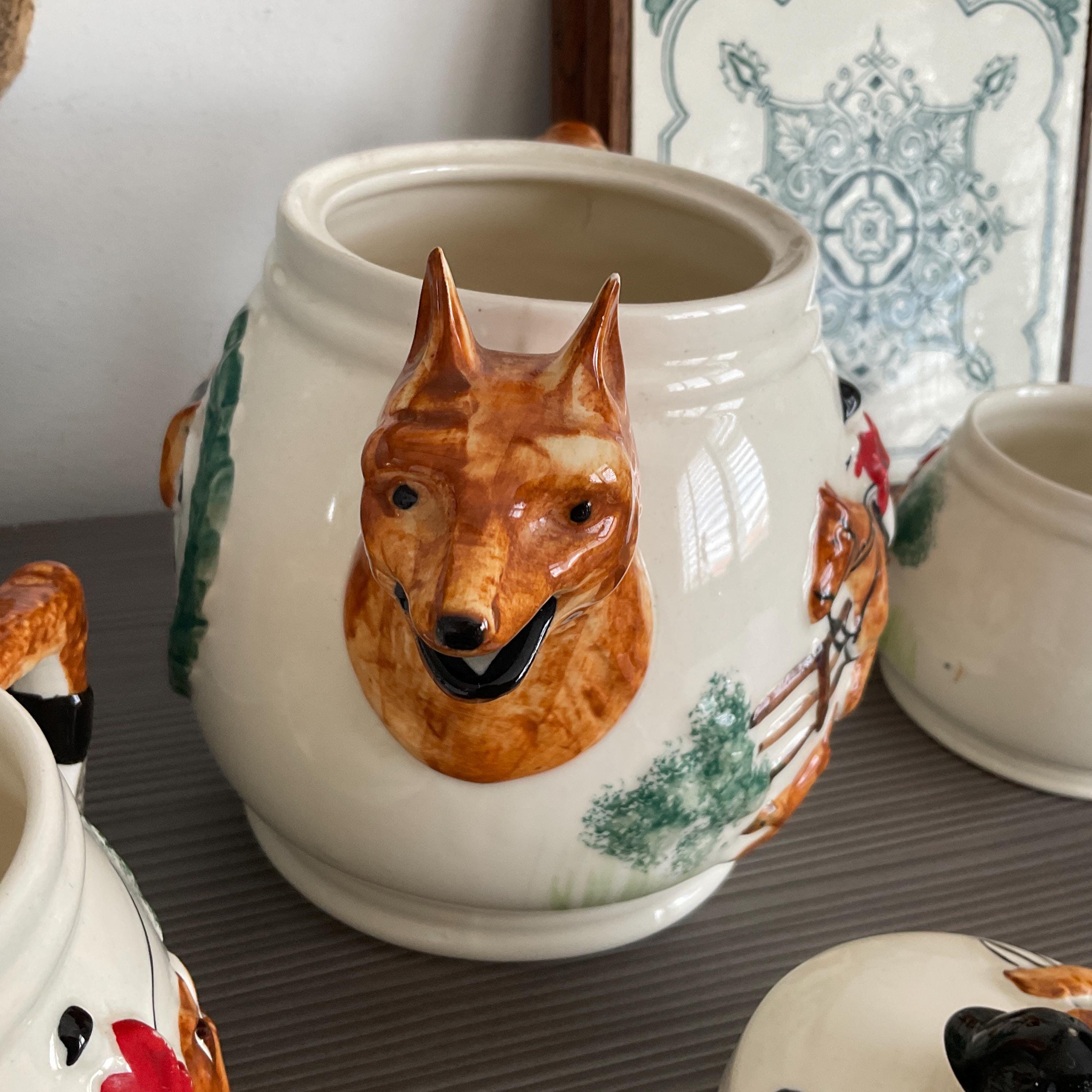 Vintage Portland Pottery Fox Hunting Teapot Set: English Novelty