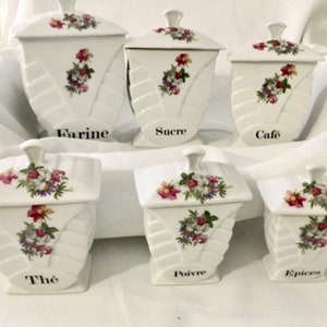 French Vintage Art Deco Style Porcelain Storage Jars, J D CHAUVIGN Kitchen Jars