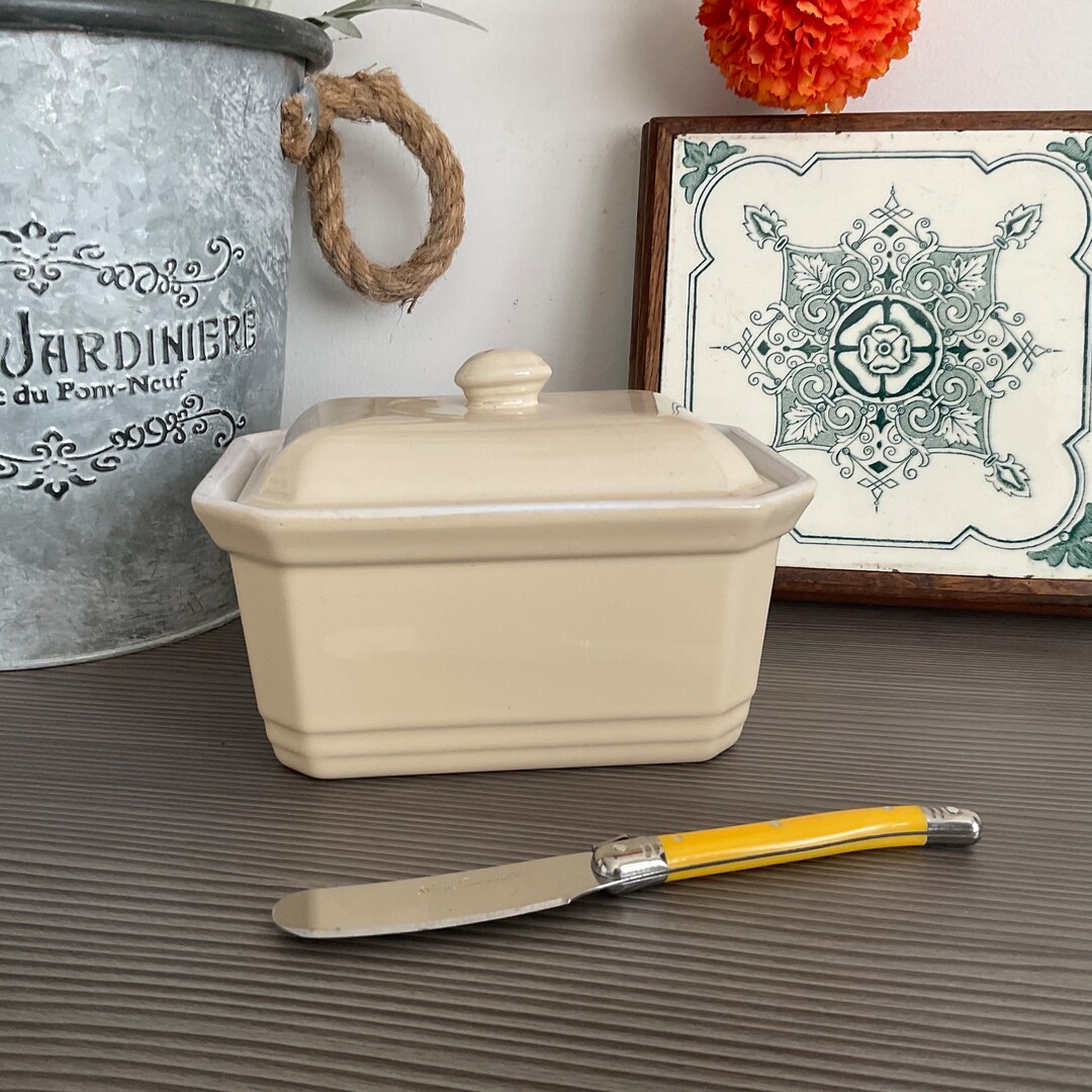 Vintage EMILE HENRY Butter Dish, French Tableware, Cream Glazed Lidded
