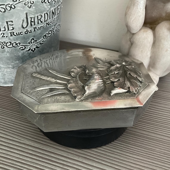 Antique French Signed Pewter Jewelry Box, L Rozay Art Nouveau