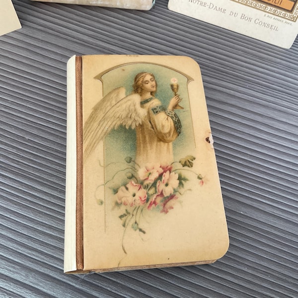Garland of Flowers Antique Miniature Prayer Book with Integrated Crucifix and Celluloid Cover,