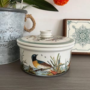 Puede incluir: Tarro de cerámica blanco con tapa, con una ilustración de un pájaro. El tarro tiene un borde azul claro y un pequeño asa en la tapa. El diseño incluye juncos e insectos.