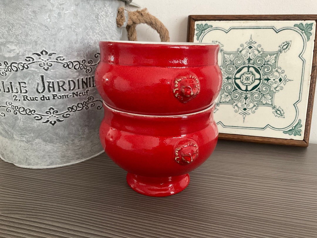 RARE French Vintage EMILE HENRY Lion Head Soup Bowls, Red Crackle
