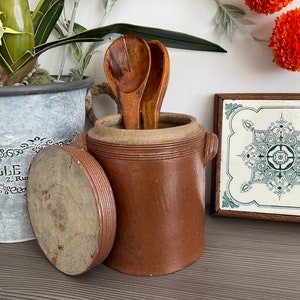 Vintage French Stoneware Lidded Storage Pot, Rustic Confit Jar,