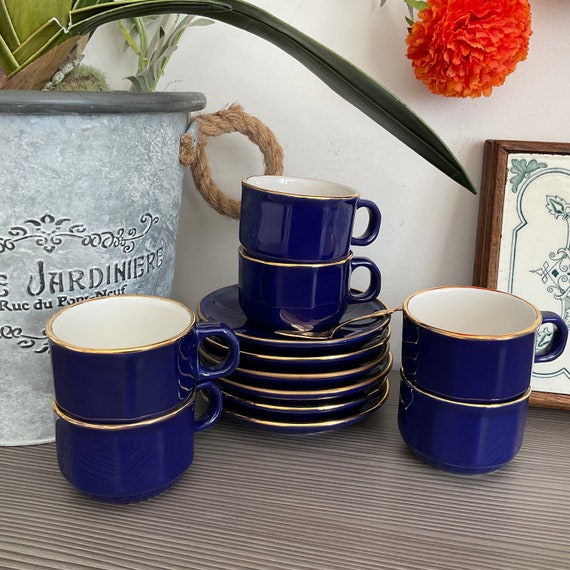 6 X APILCO Style Blue and Gold Bistro Double Espresso Cups and