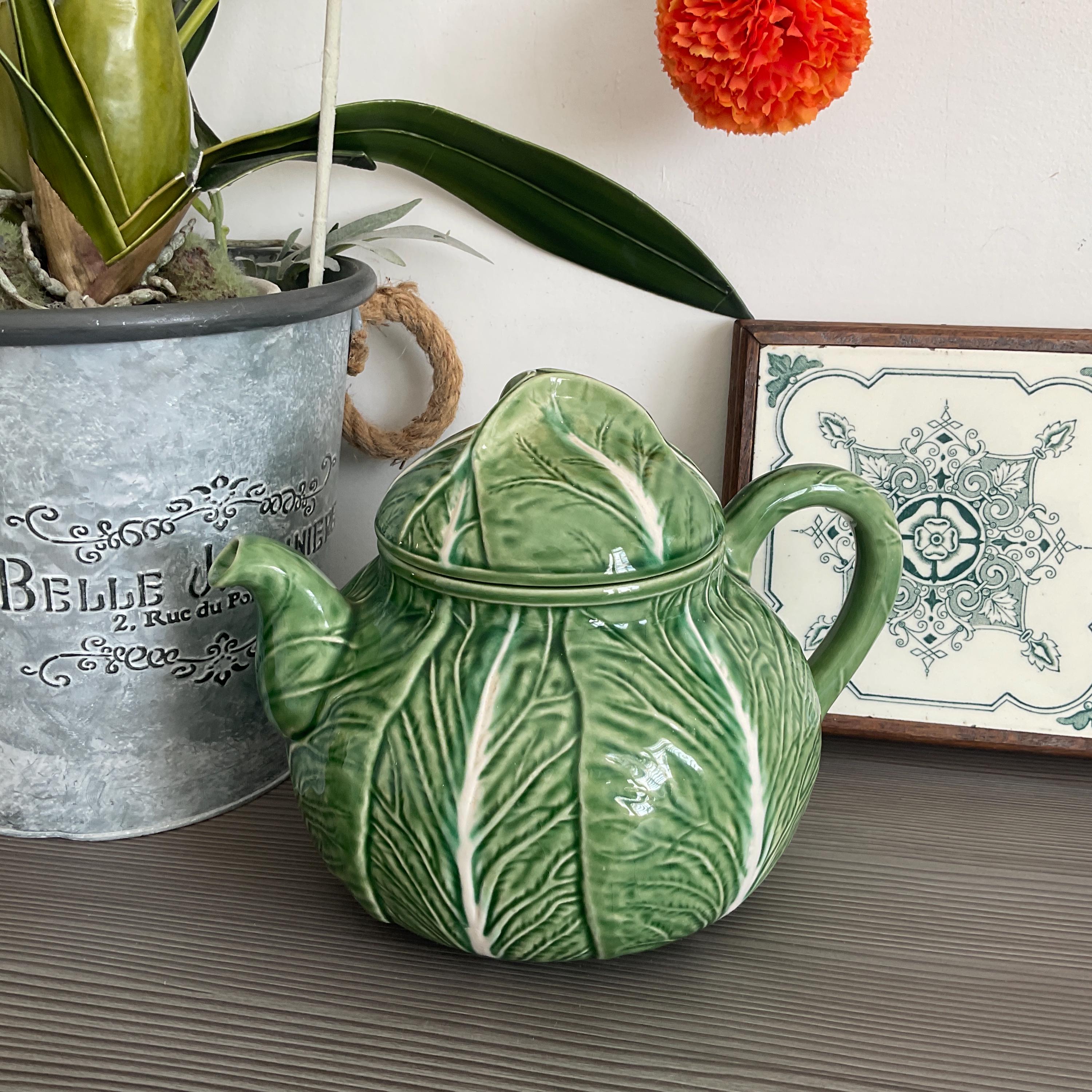 Bordallo Pinheiro Majolica Cabbage Teapot: Large Green Embossed