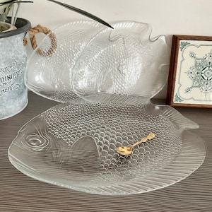 Vintage Arcoroc France Large Fish Shaped Glass Platter and 2 Plates, 1970s French Tableware,