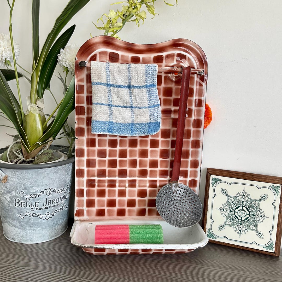 Enamel Spoon Rack Vintage French Enamel Utility Rack: Brown Checkered Kitchen Decor - Etsy