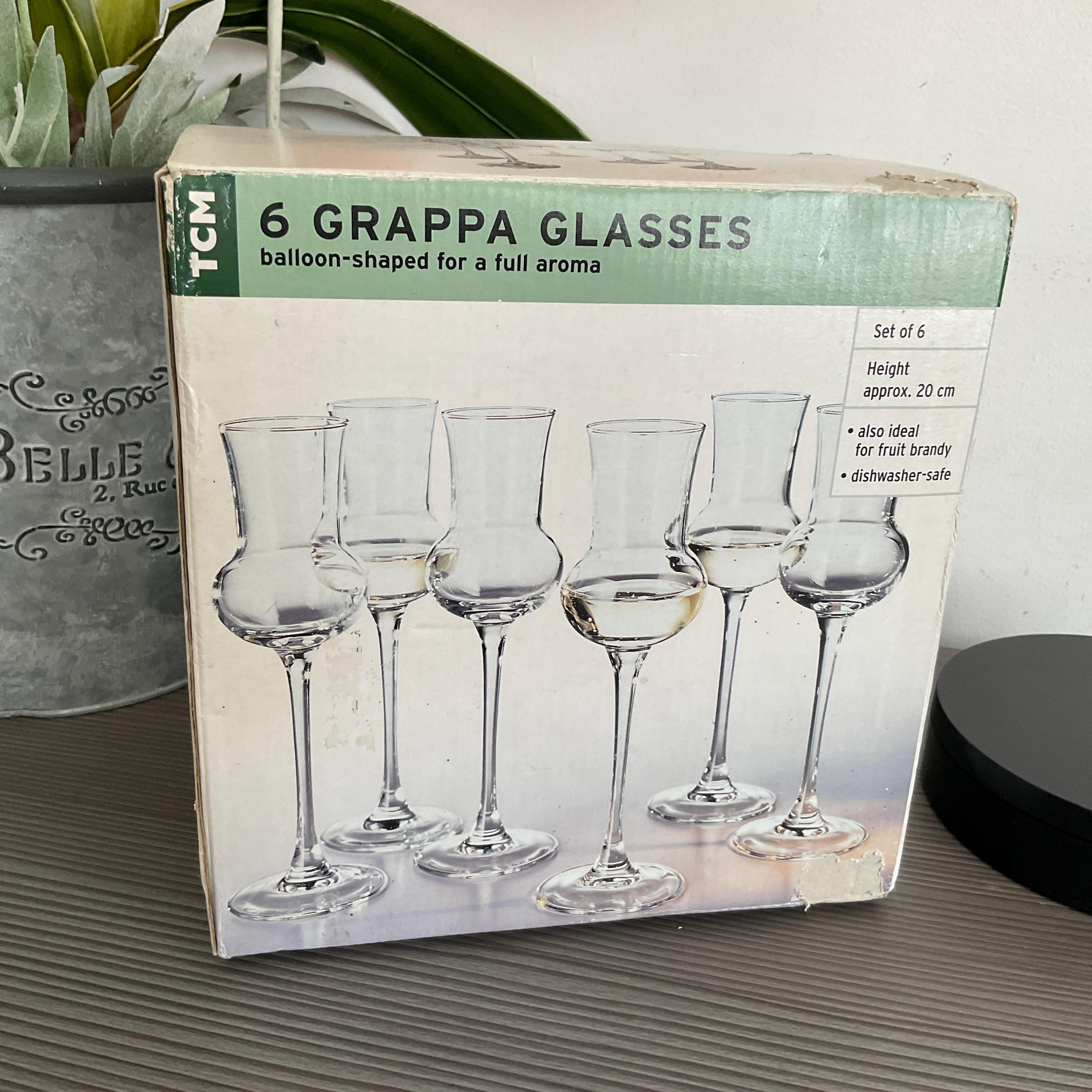 6 X Elegant Grappa Wine Glasses, Tall Stemmed Liquor Glasses, Vintage Barware Boxed