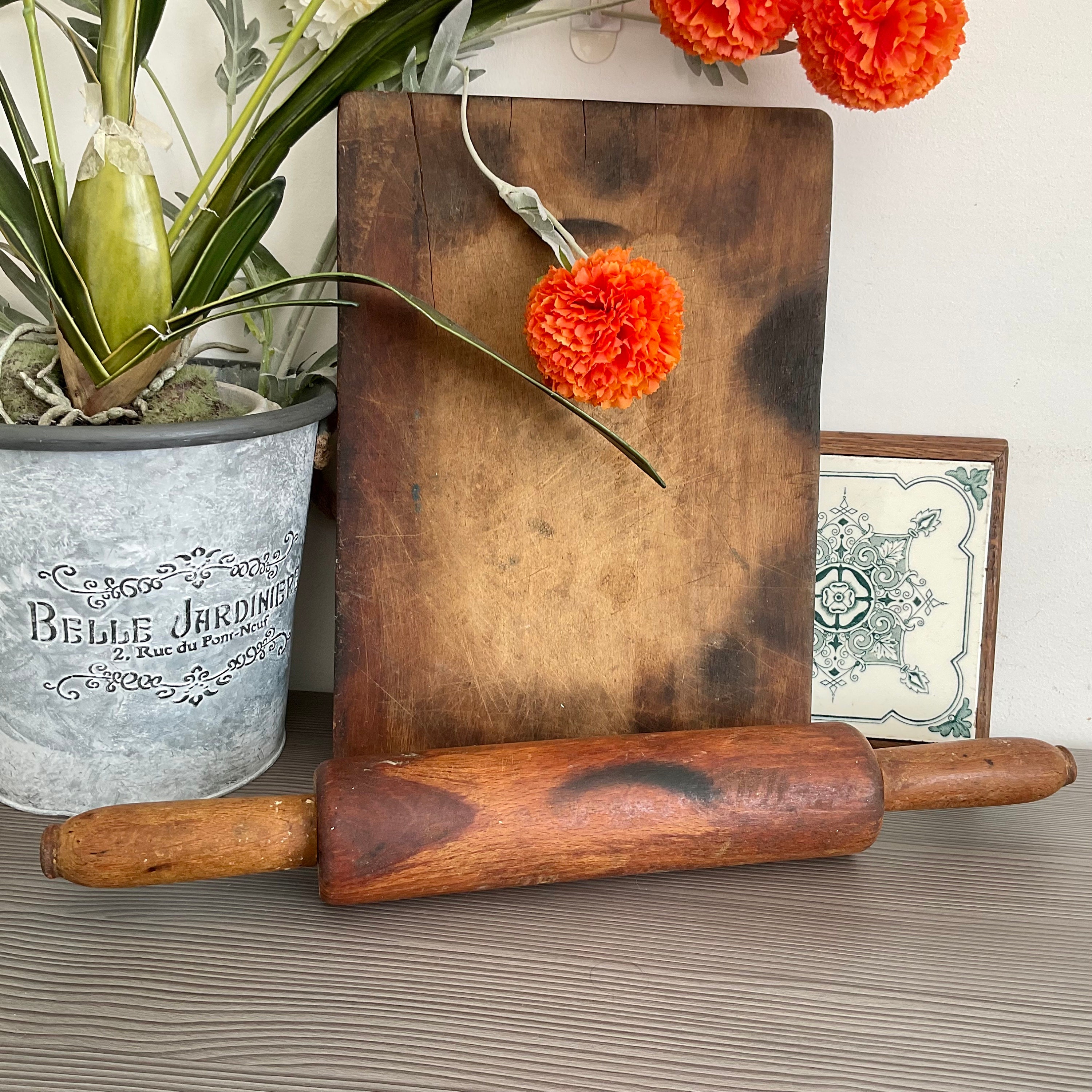 Old French Wooden Rolling Pin and Chopping Board, Rustic Farmhouse Items, County Kitchen Decor