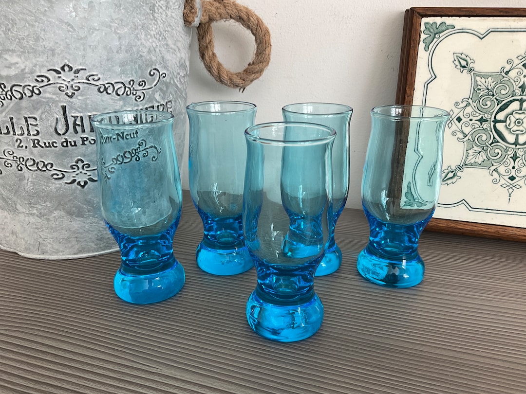5x Stunning Hand Blown Shot Glasses Turquoise Glass Heavy Etsy UK